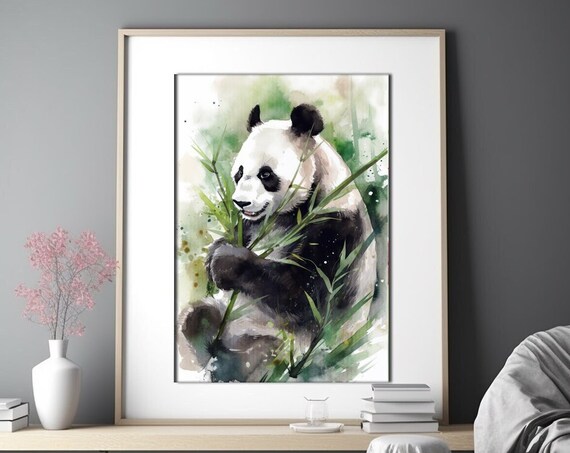 Giant Panda Eating Bamboo Watercolor Nursery Kids Room Poster