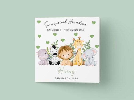 Safari Christening Card, Personalised Baptism Print