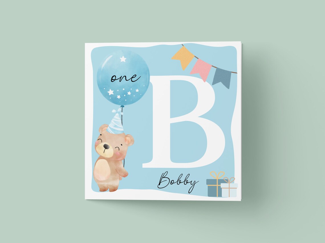 Personalized Teddy Bear First Birthday Card With Blue Balloon and Name Print