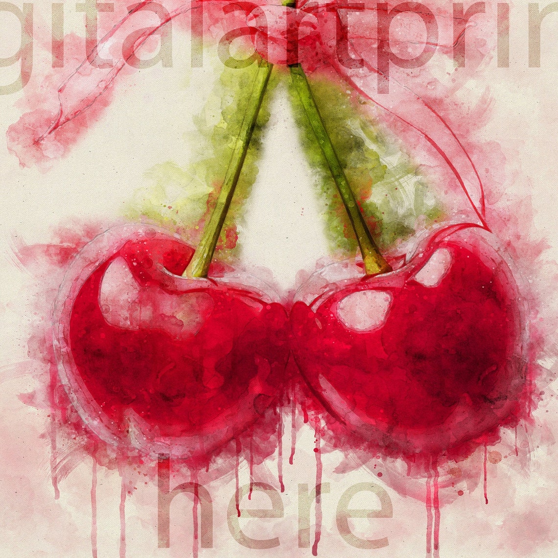 Red Cherries Watercolor Tied With Pink Ribbon Girly Art Print - Image 2