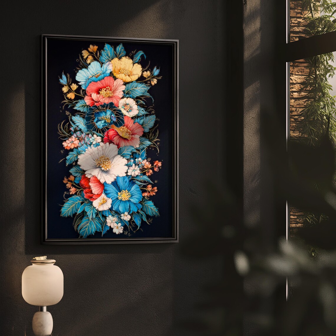 Vibrant Peony Bouquet Dark Background Bold Floral Art Poster - Image 3