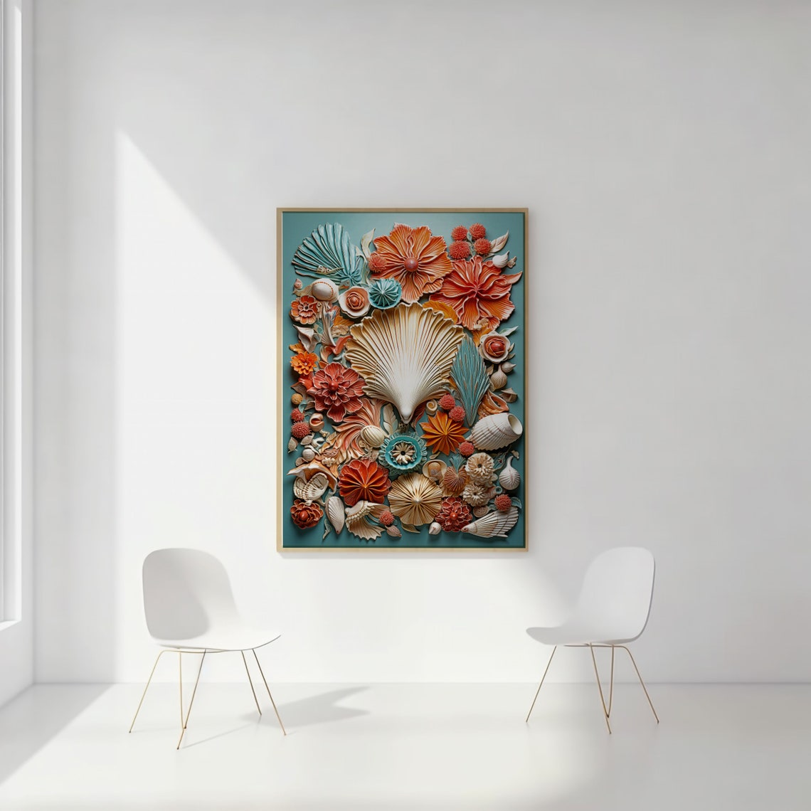 Tropical Seashell Mosaic 3D Relief Coral Teal Coastal Wall Art - Image 2