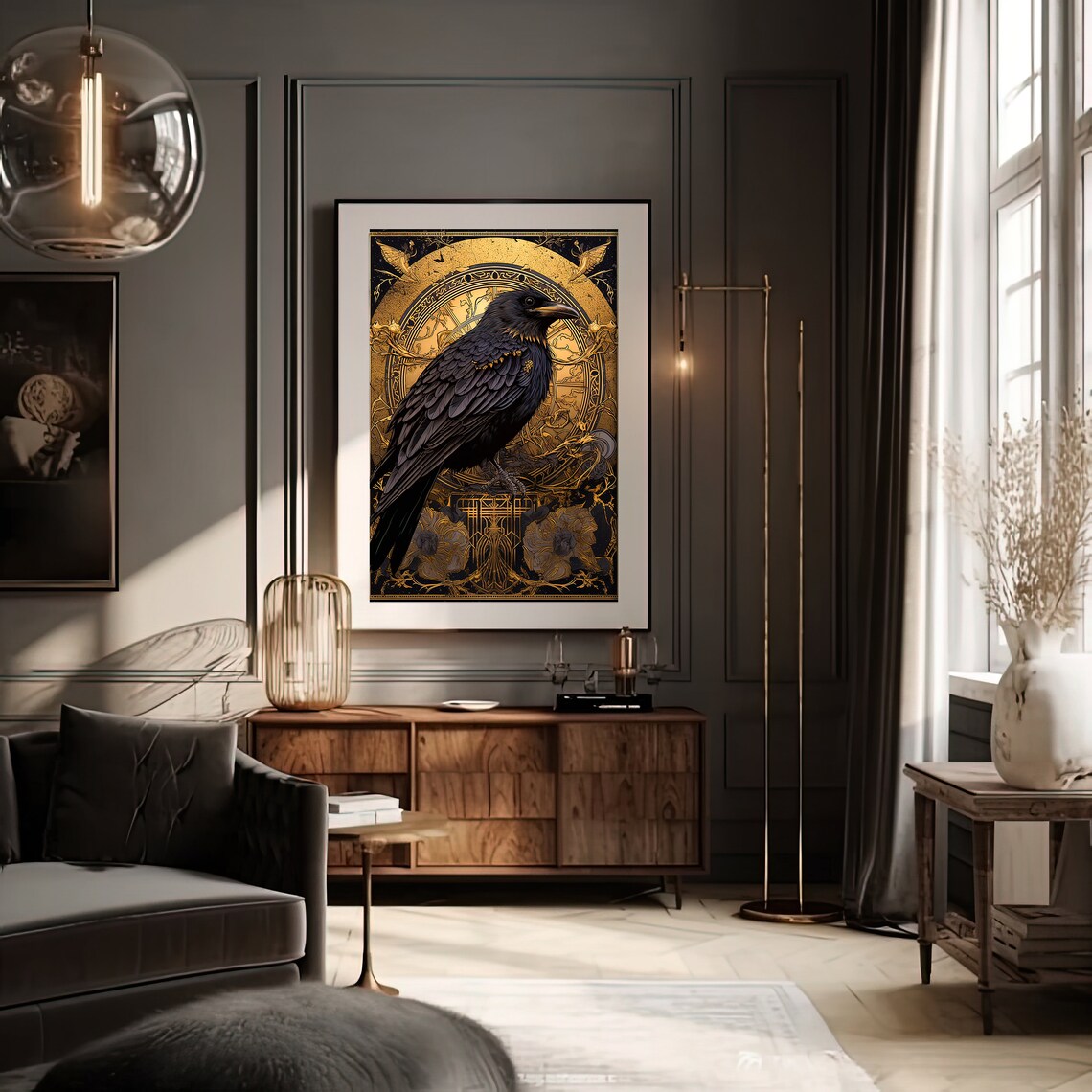 Majestic Black Raven Perched Before a Golden Art Nouveau Sun Wheel Poster - Image 2