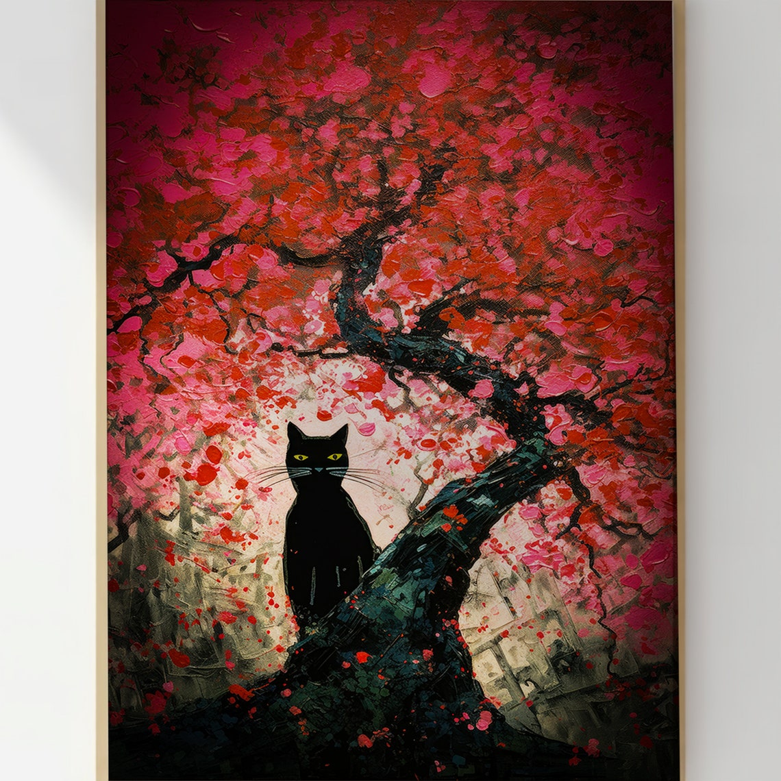 Black Cat Under Red Blossom Tree Impressionist Painting Wall Art - Image 3