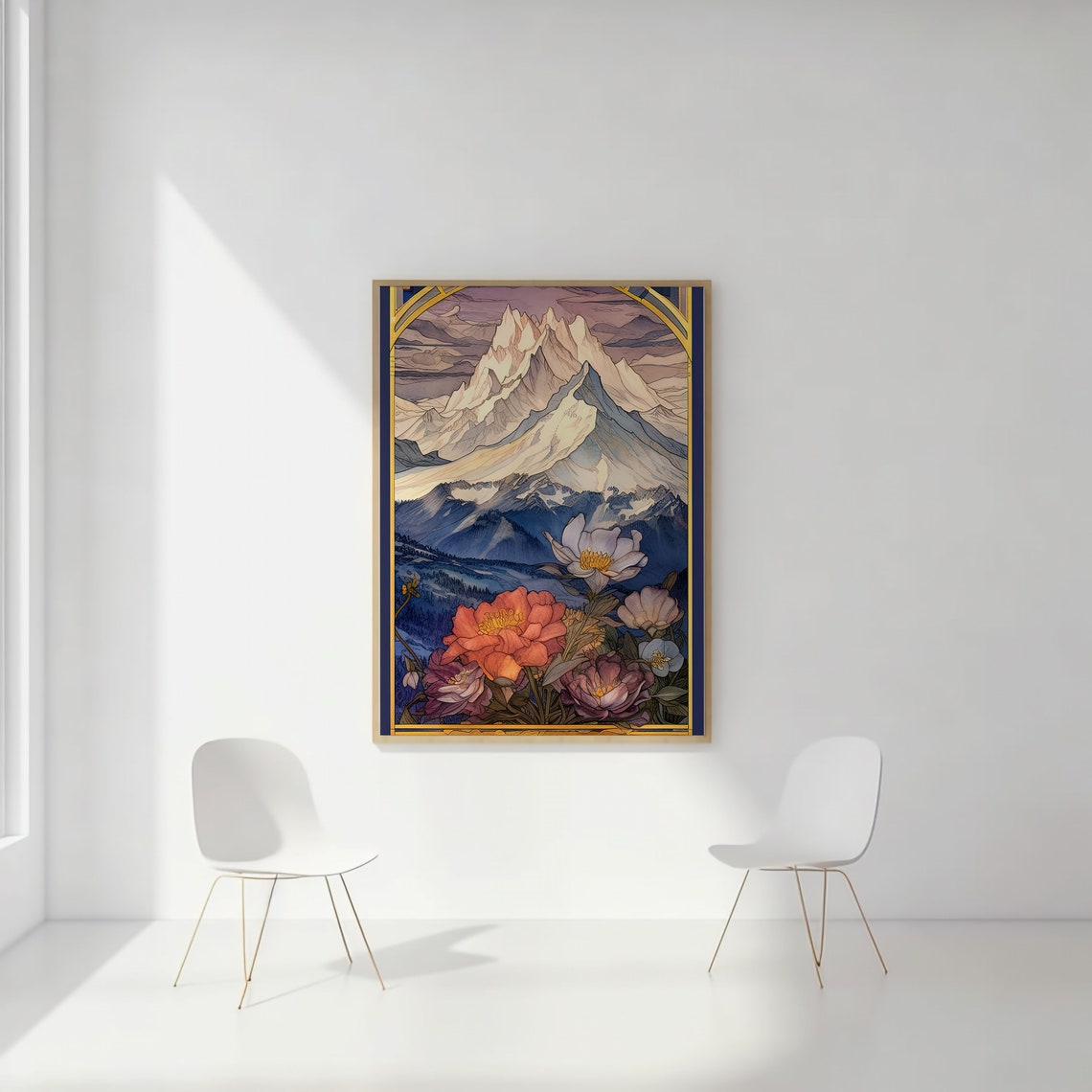 Snowy Alpine Mountain Peak Wildflower Art Nouveau Style Poster - Image 3