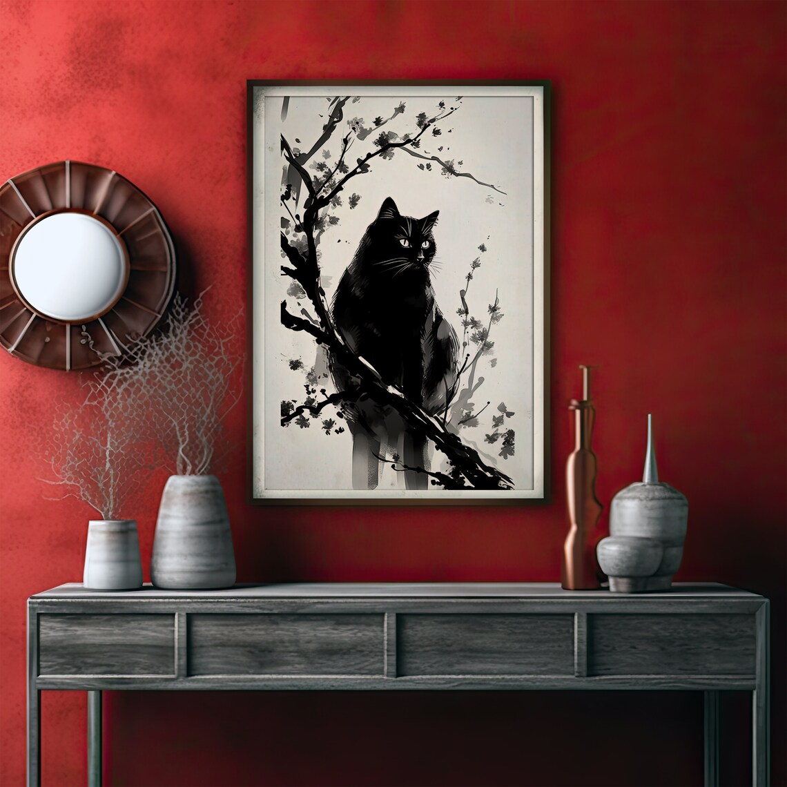 Black Cat on a Blossom Branch Japanese Sumi Ink Wash Style Cat Poster - Image 2