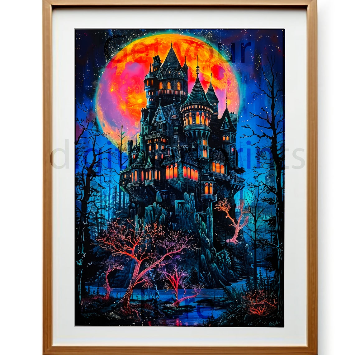 Gothic Castle Beneath a Giant Blood-Red Moon Fantasy Horror Poster - Image 3