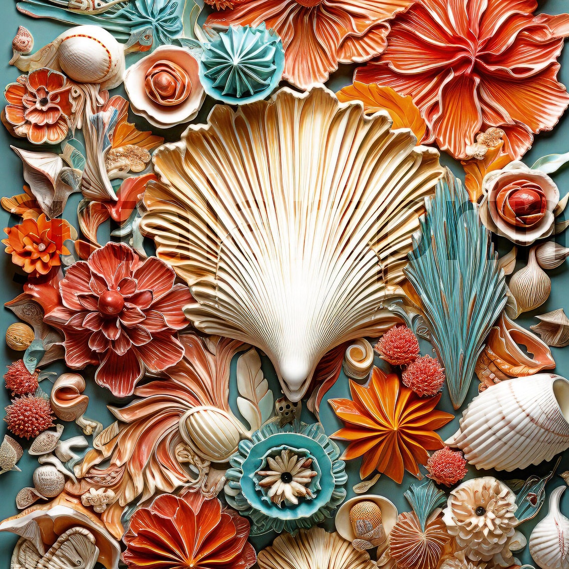 Tropical Seashell Mosaic 3D Relief Coral Teal Coastal Wall Art - Image 3