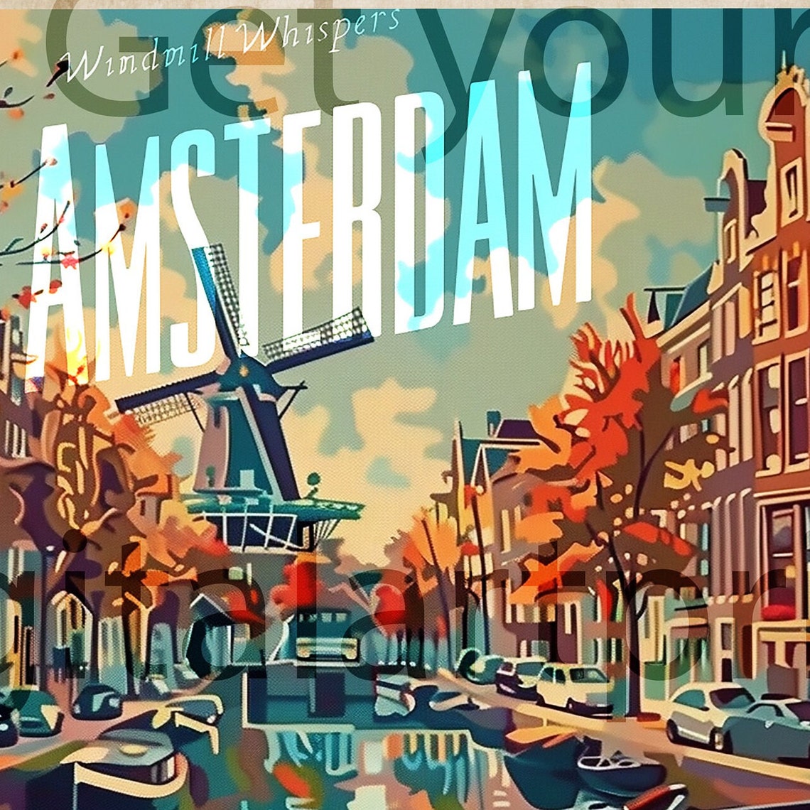 Amsterdam Dutch Daydream Canal Bicycle Tulips Retro Travel Poster - Image 3