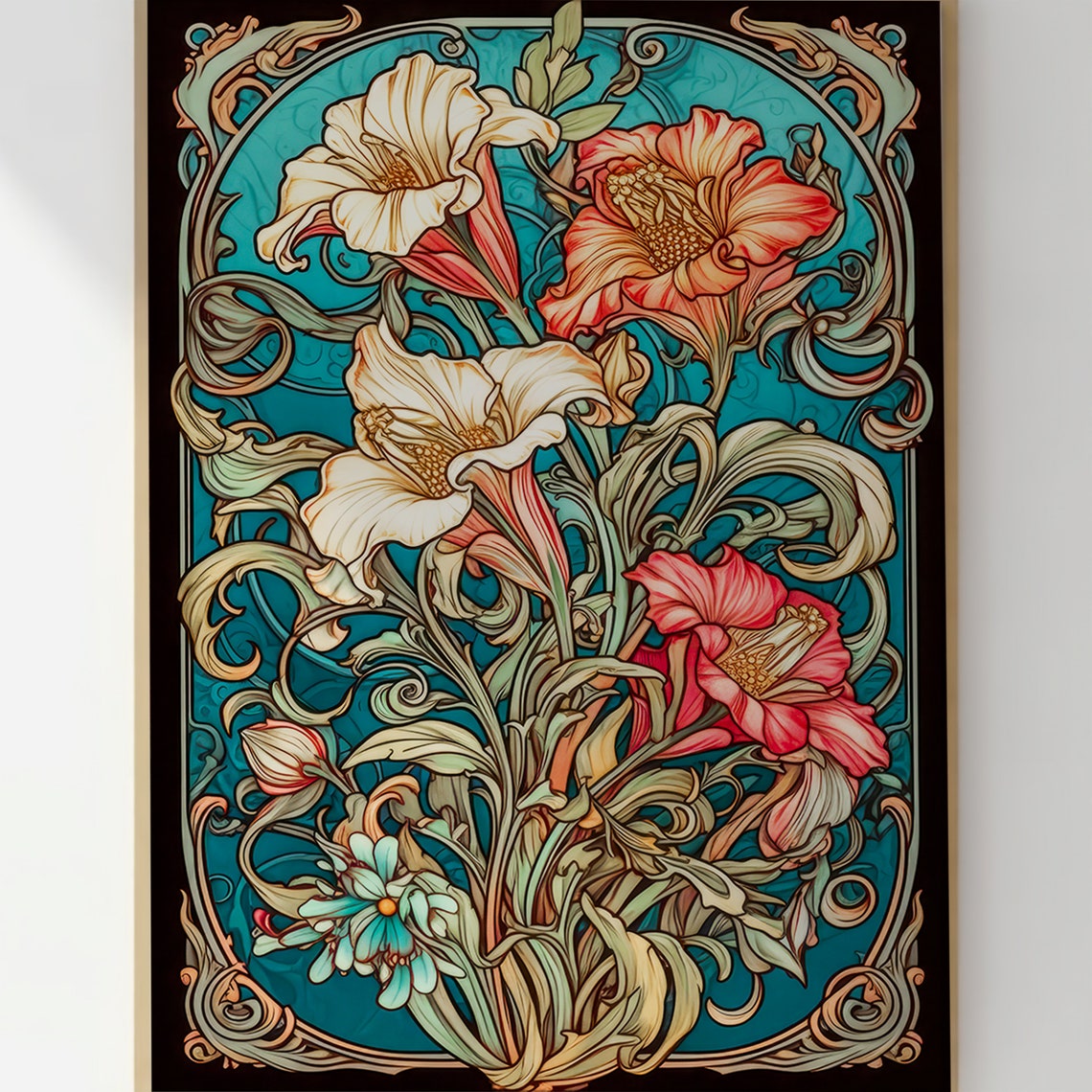 Art Nouveau Cream and Coral Florals Teal Botanical Art Print - Image 3