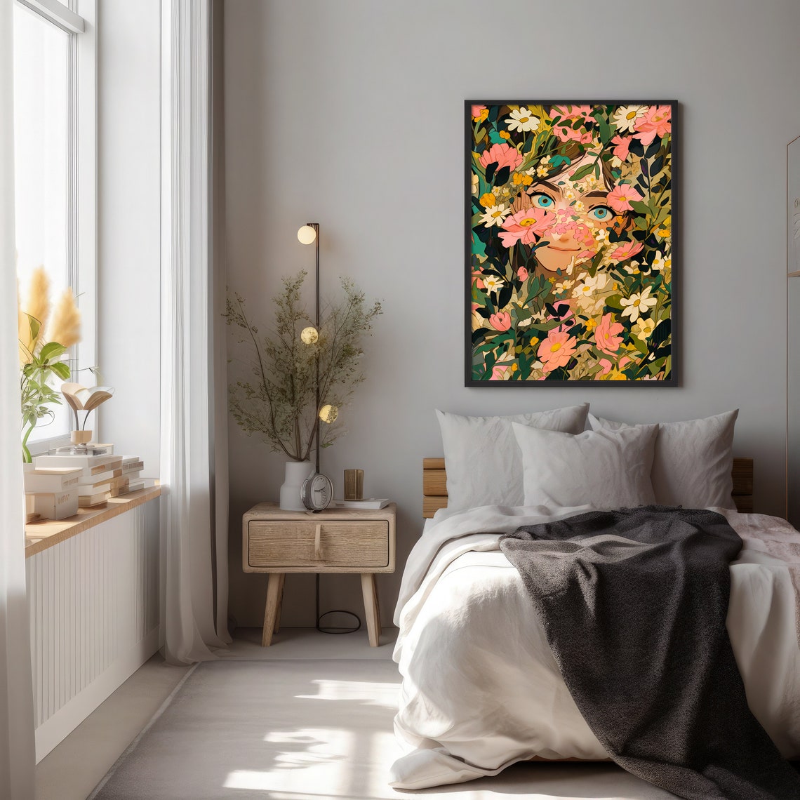 Anime Girl Peeking Through Pink Blossoms and Green Leaves Poster - Image 2