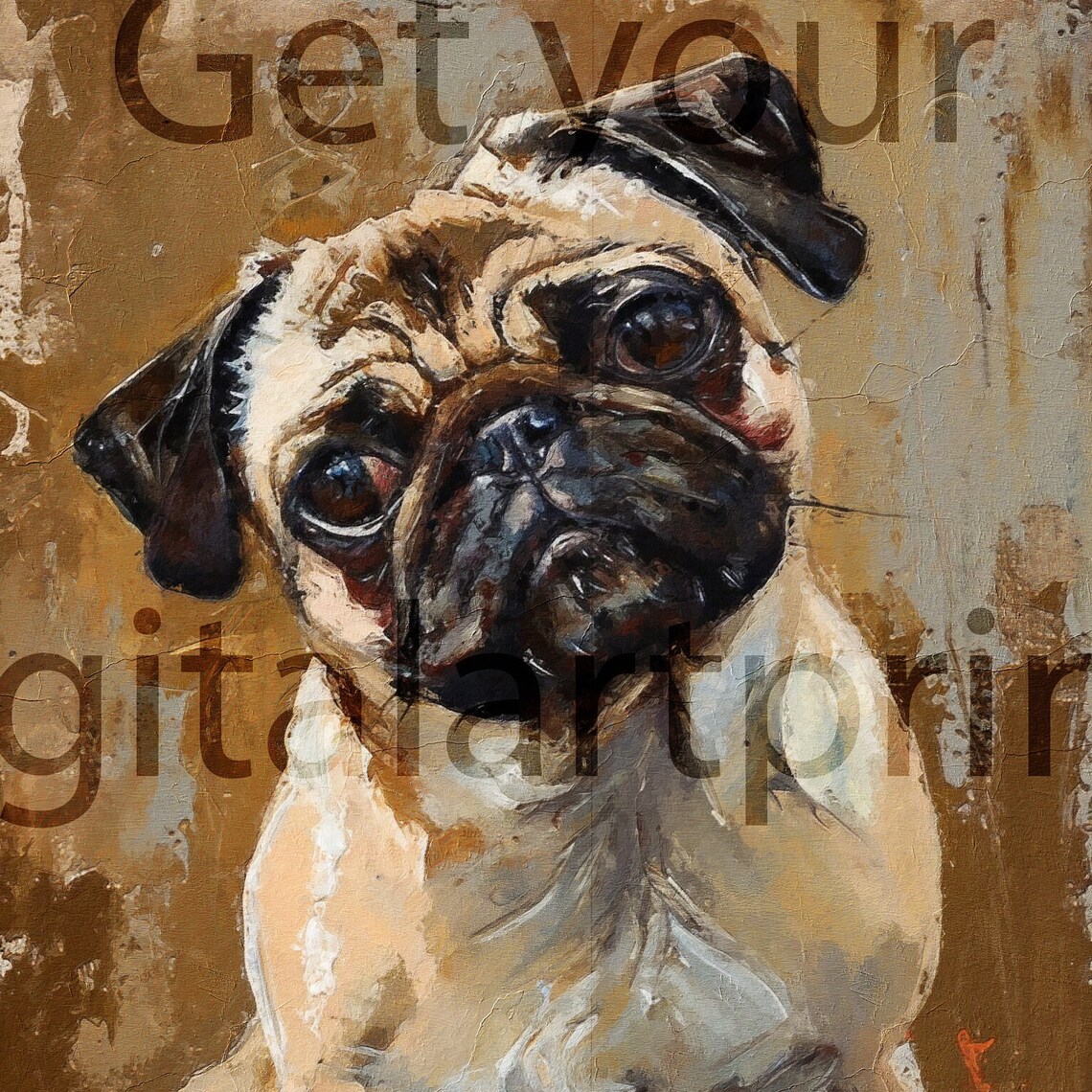 Fawn Pug Soulful Eyes Portrait Warm Oil Painting Dog Lovers Print - Image 2