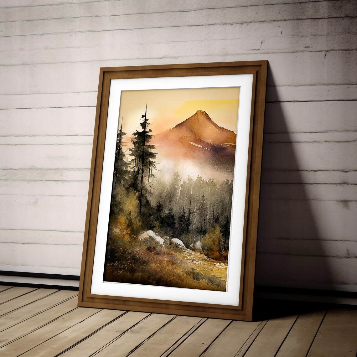 Neutral Beige Mountain Peak Foggy Valley Watercolor Abstract Wall Art - Image 2