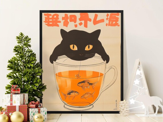 Black Cat With Goldfish In Tea Cup Japanese Retro Kitchen Poster