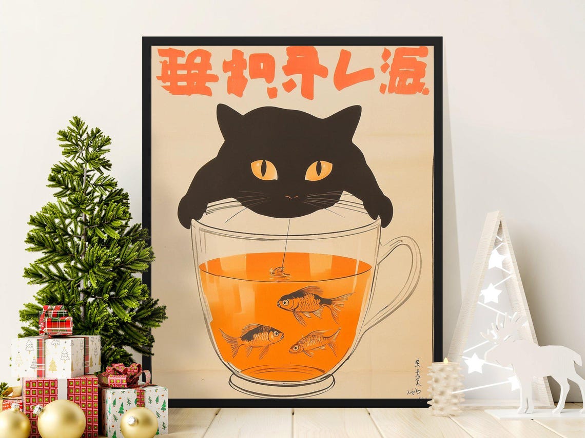 Black Cat With Goldfish In Tea Cup Japanese Retro Kitchen Poster