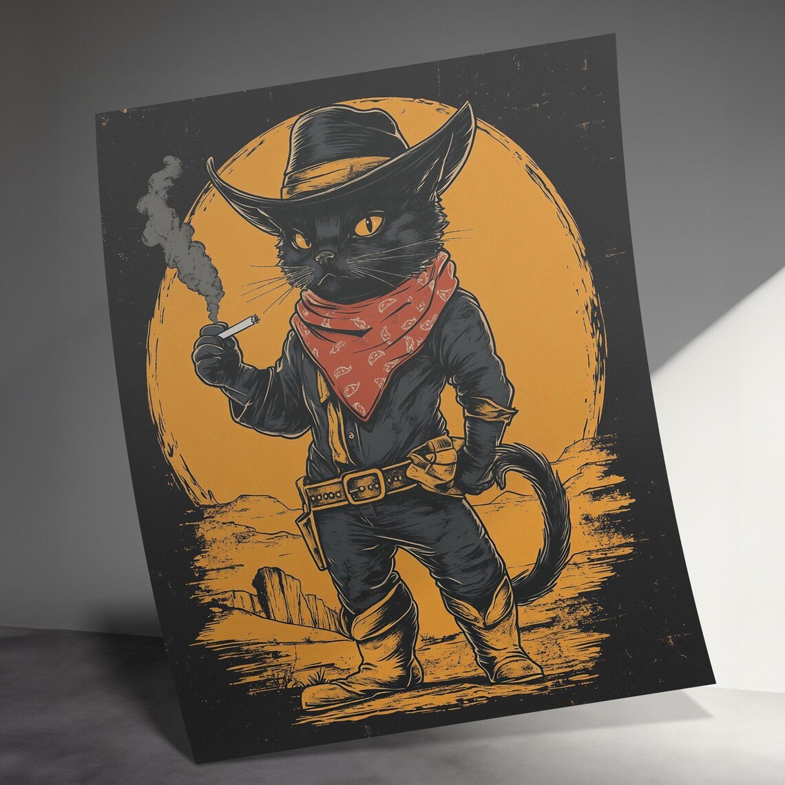 Black Cat Cowboy Gunslinger Cigarette Sunset Desert Wild West Art Poster - Image 3