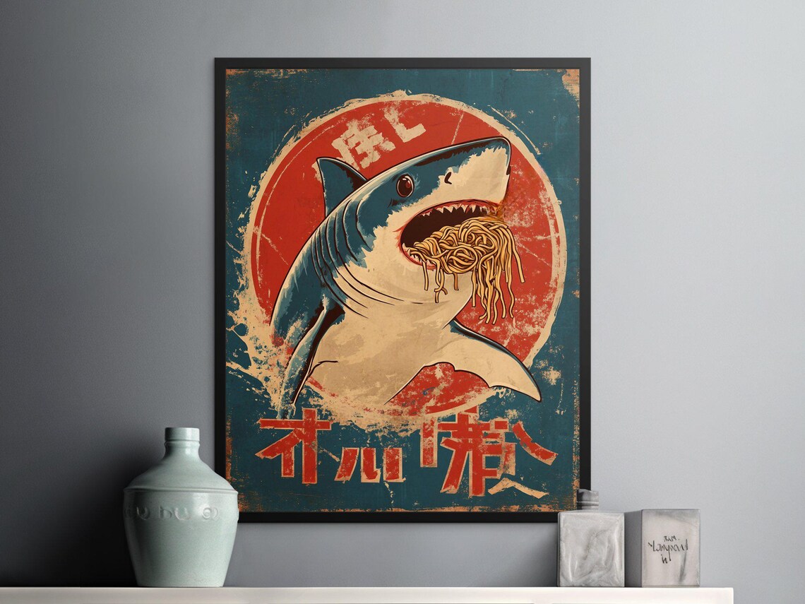 Shark Eating Spaghetti Red Sun Vintage Japanese Retro Sea Creature Poster - Image 2