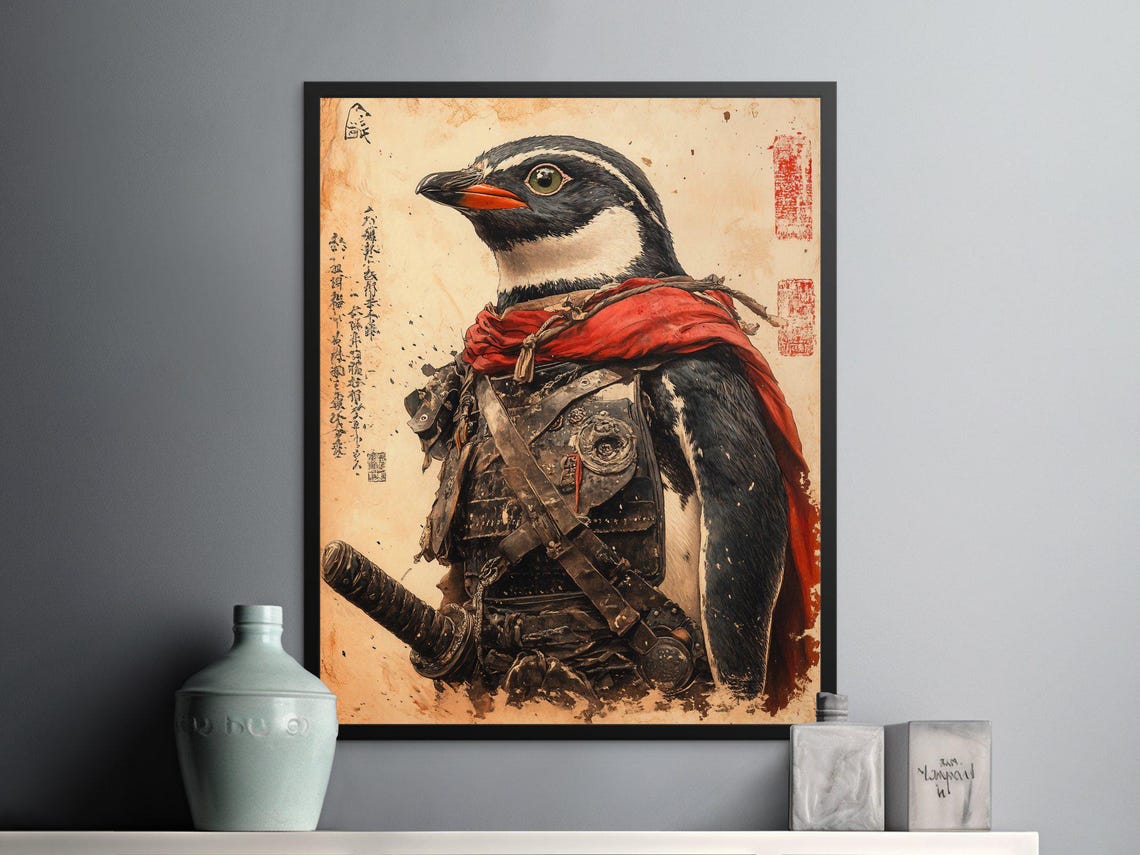 Samurai Penguin In Armor Red Scarf Japanese Scroll Style Animal Poster - Image 2