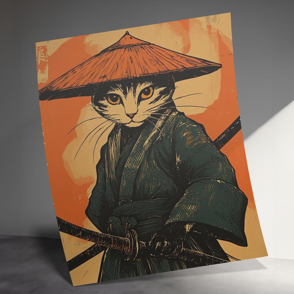 Samurai Cat In Straw Hat With Katana Japanese Warrior Art Poster - Image 3