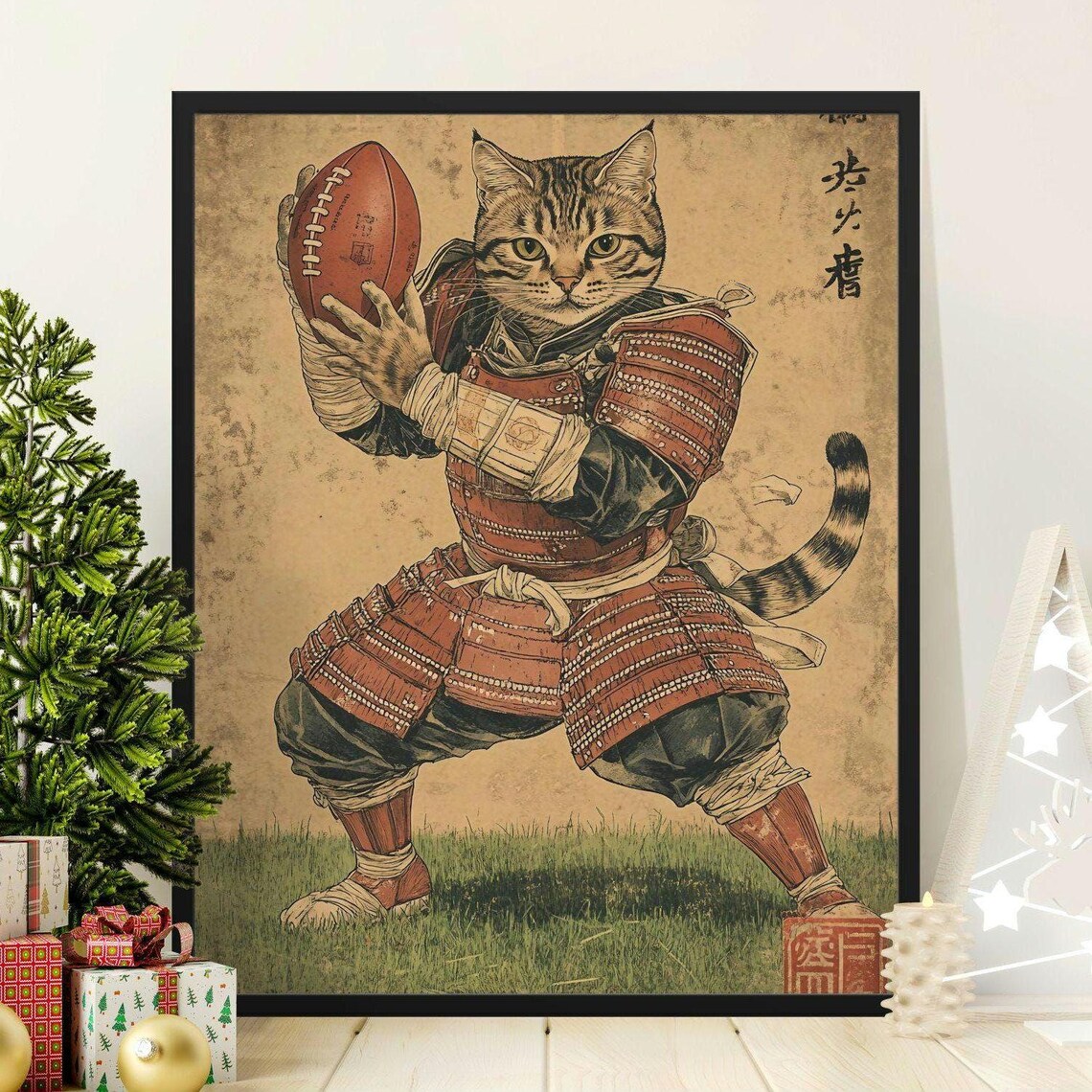Samurai Armor Cat Carrying Football Vintage Japanese Sports Humor Poster