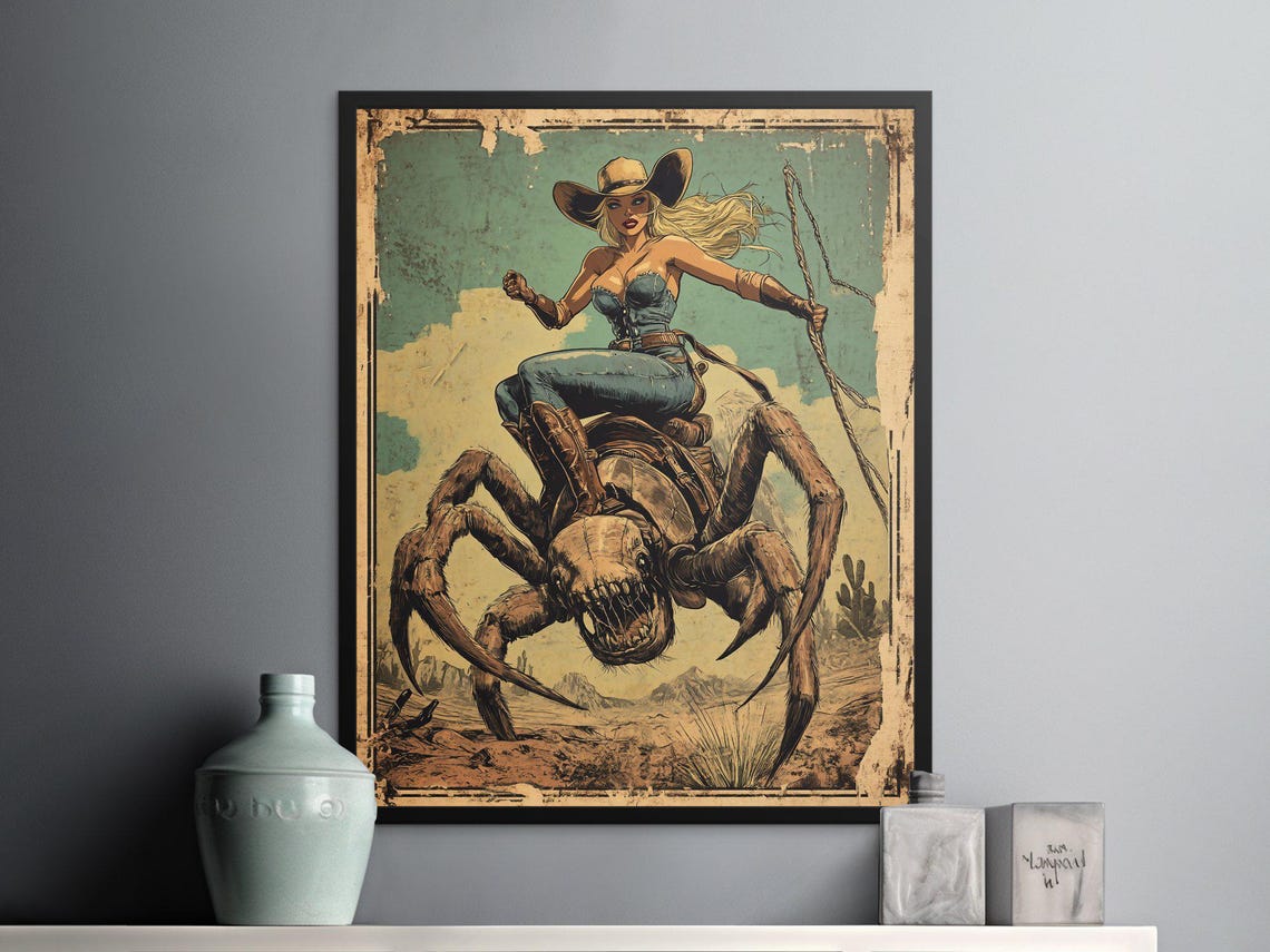 Cowgirl Riding Giant Spider Western Steampunk Fantasy Desert Wall Art - Image 2