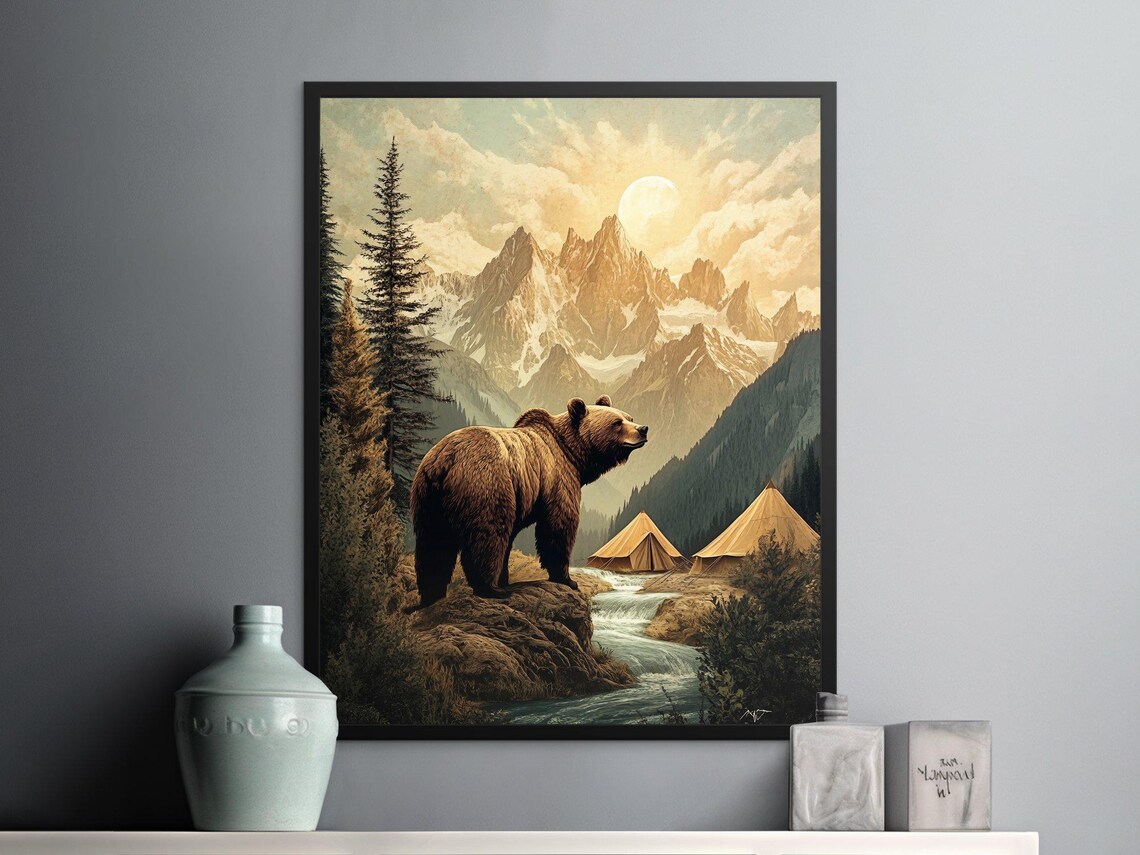 Grizzly Bear Mountain River Campsite Moonlight Vintage Wilderness Poster - Image 2