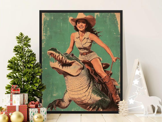 Vintage Cowgirl Riding Dinosaur Poster Retro Wall Art Mid Century Home Decor Unique Gift For Dinosaur Lovers Quirky Room Decoration