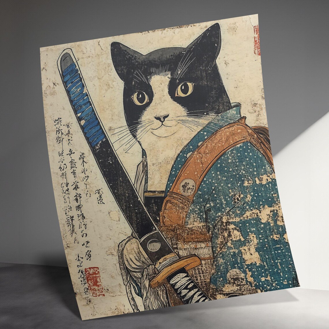 Tuxedo Samurai Cat With Katana Japanese Woodblock Vintage Style Poster - Image 3