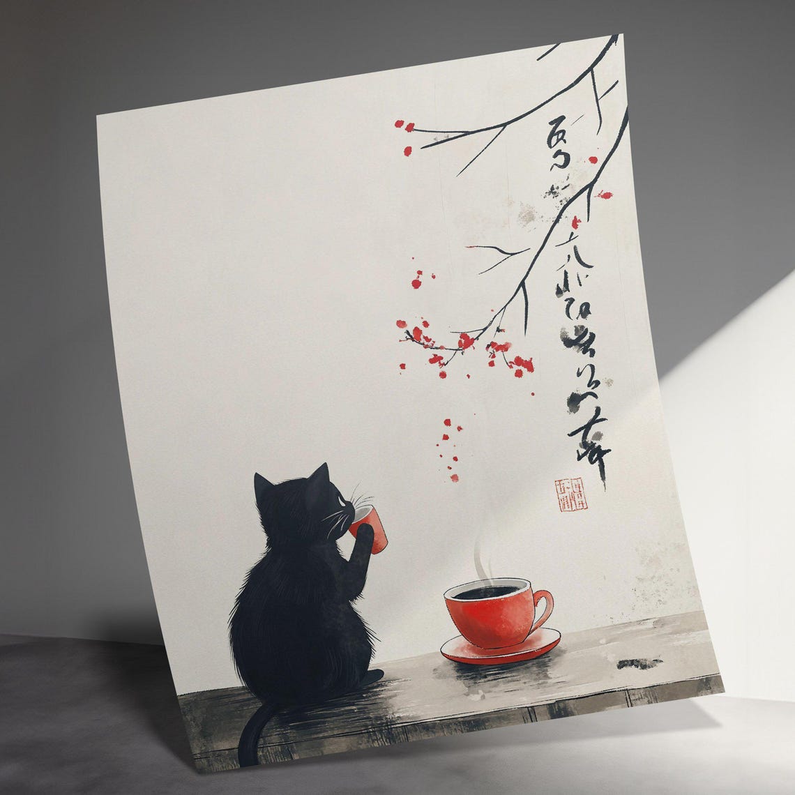 Black Cat With Red Teacup Cherry Blossom Minimalist Ink Art Poster - Image 3