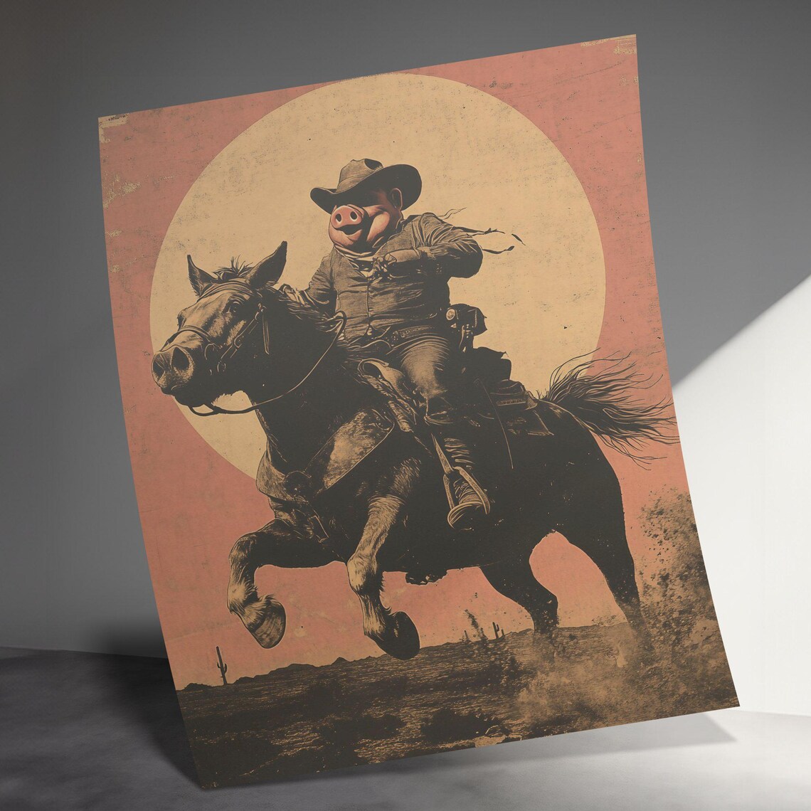 Cowboy Pig Riding Horse Moonlit Vintage Western Funny Pig Poster - Image 3