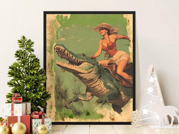 Retro Style Alligator Rider Poster Vintage Inspired Wall Art Unique Home Decor Western Themed Artwork Cowboy Crocodile Print
