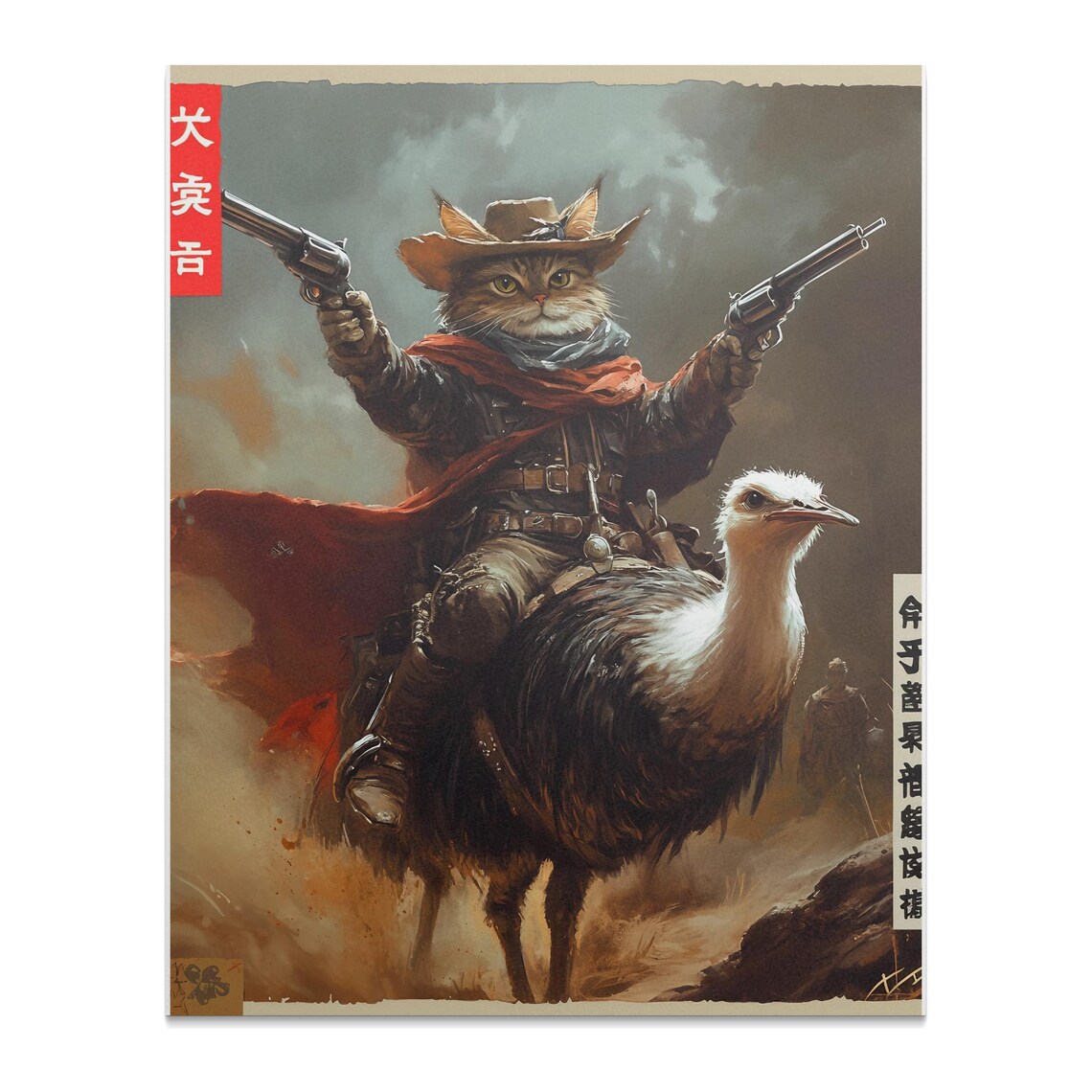 Cowboy Cat With Dual Pistols Riding Ostrich Western Fantasy Poster - Image 2