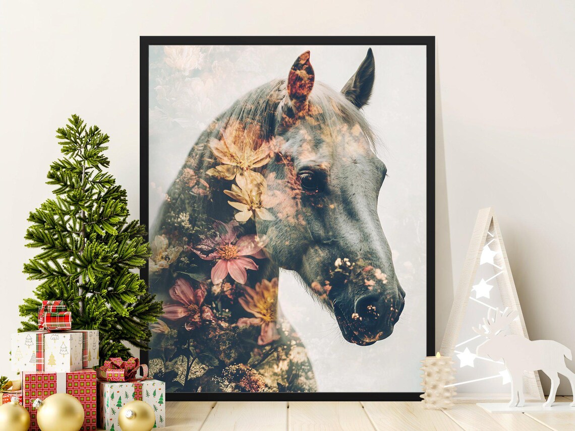 Floral Horse Double Exposure Elegant Nature Equestrian Wall Art Print