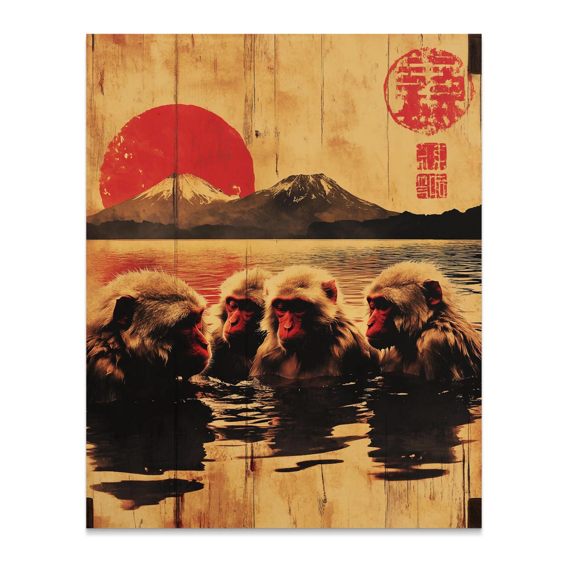 Snow Monkeys Hot Spring Sunset Mount Fuji Retro Japanese Art Poster - Image 2