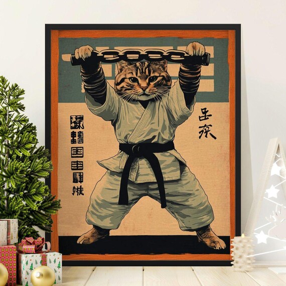 Tabby Cat Karate Gi Nunchaku Retro Japanese Martial Arts Fighter Poster