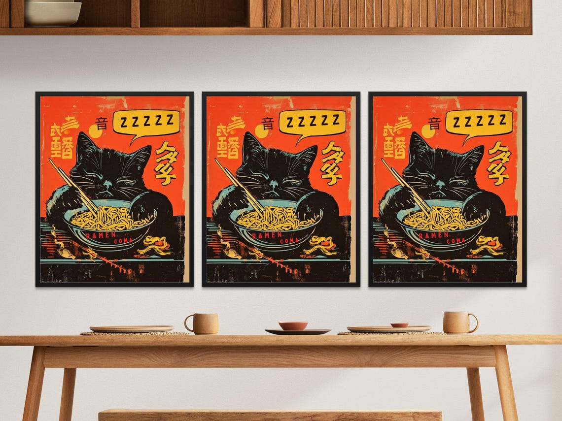 Ramen Coma Sleeping Black Cat Vintage Japanese Foodie Poster - Image 2