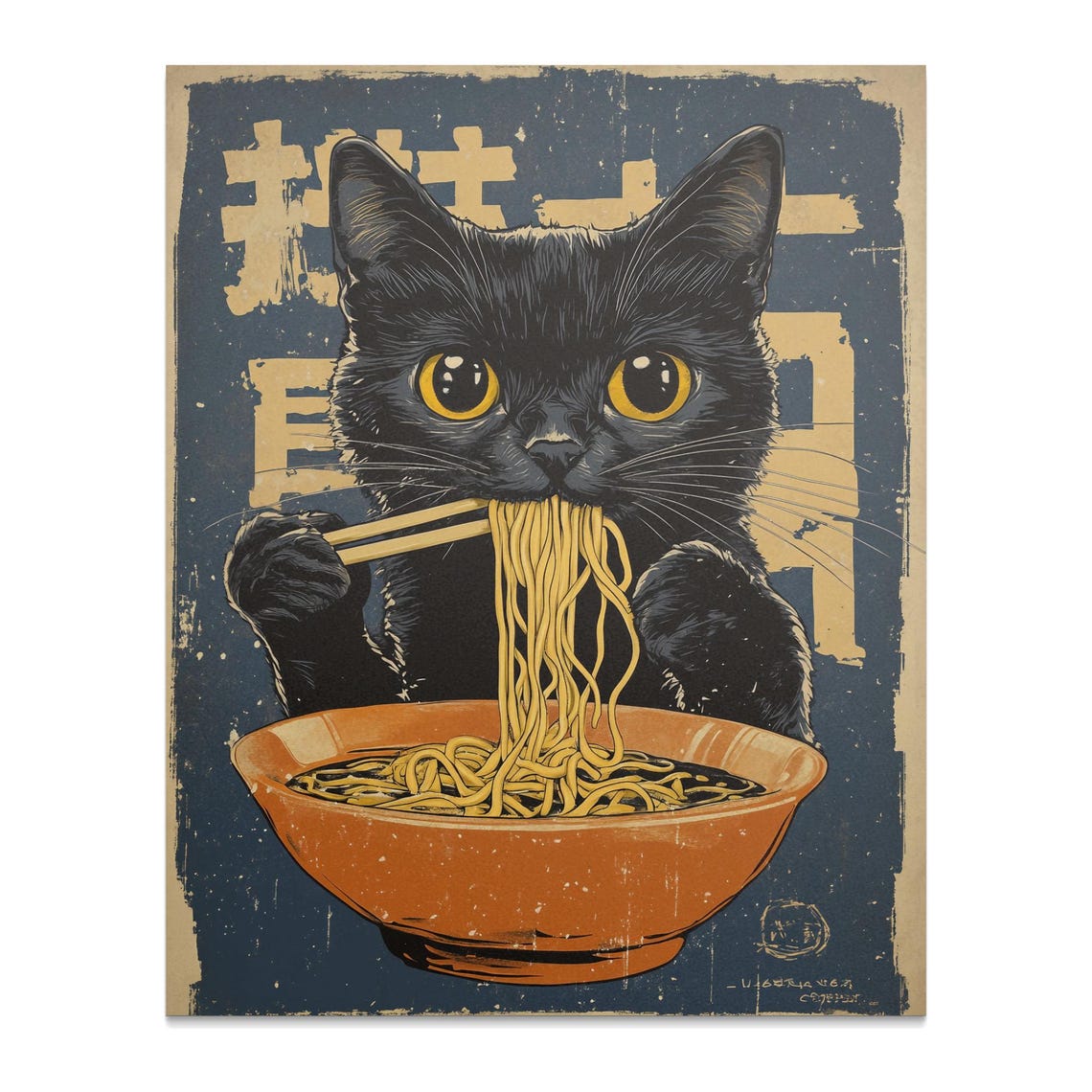 Black Cat Eating Ramen Chopsticks Vintage Japanese Kitchen Poster - Image 2