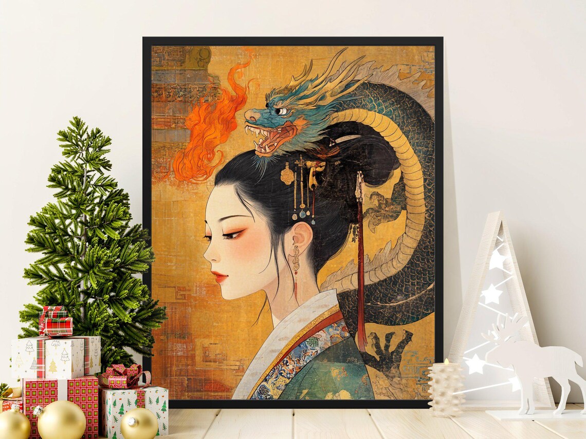 Elegant Asian Woman And Dragon Vintage Oriental Gold Fantasy Art Print