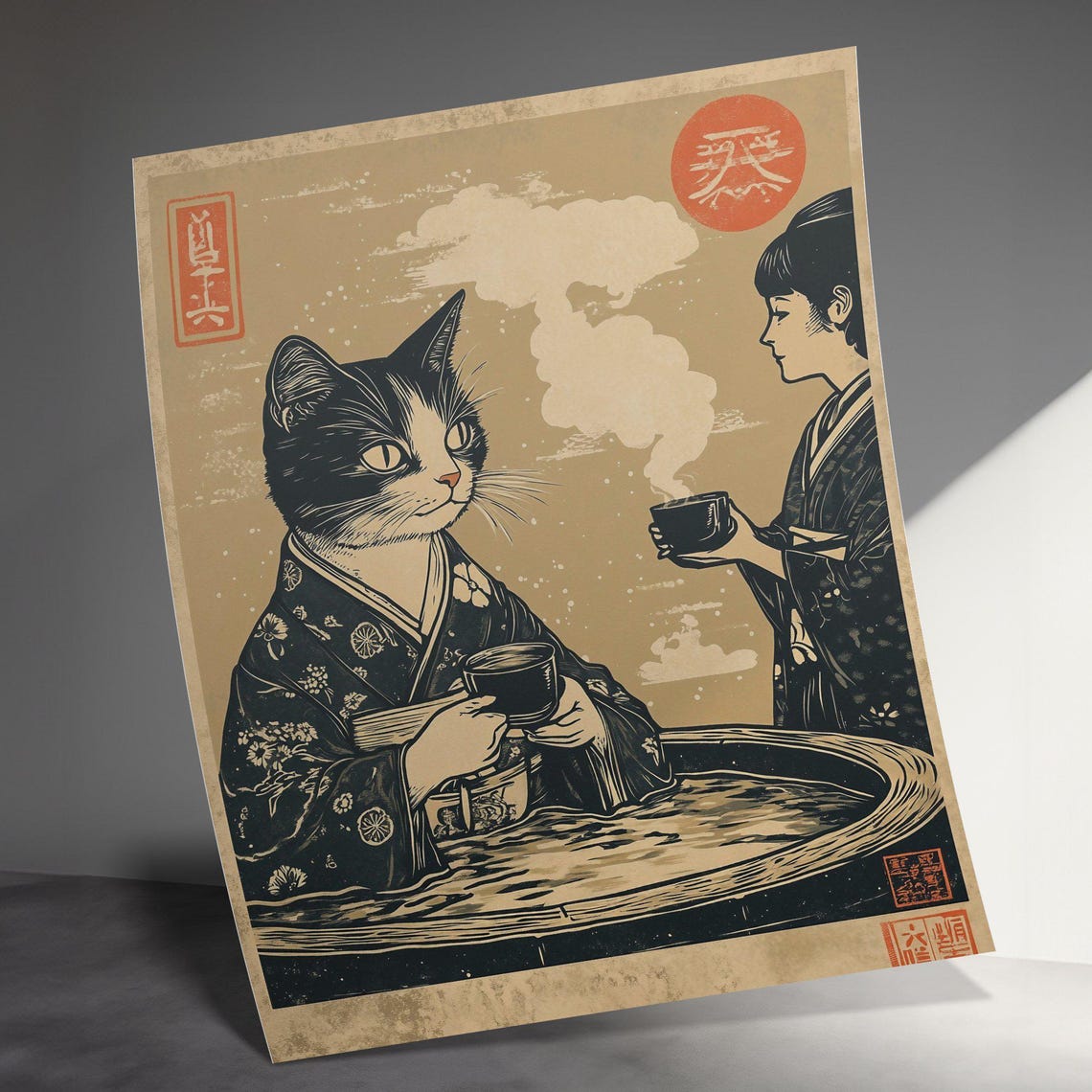 Cat in Kimono Drinking Tea With Geisha Ukiyo-e Japanese Scene Poster - Image 3