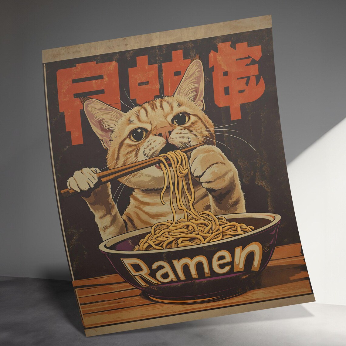 Cute Orange Kitten Eating Ramen Noodles With Chopsticks Japanese Art Poster - Image 3