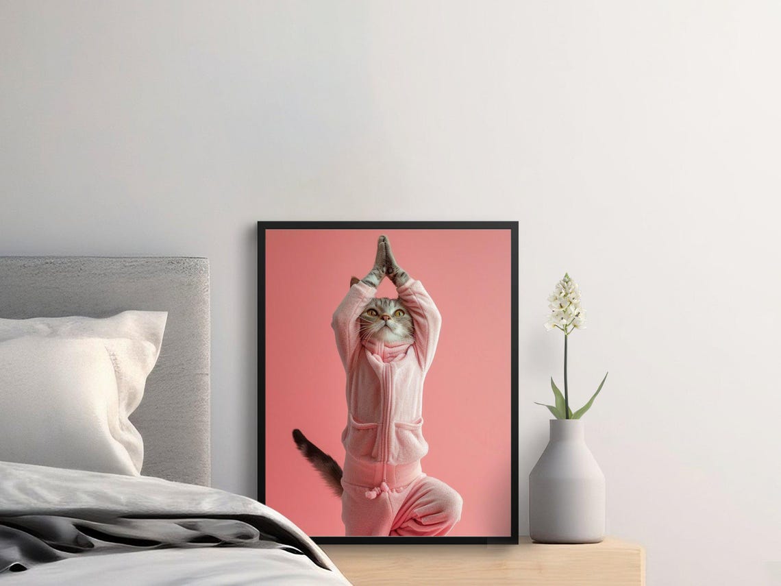 Yoga Cat in Pink Pajamas Holding Tree Pose on Pink Background Poster - Image 3