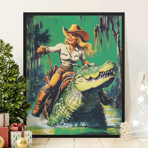 Vintage Cowgirl Riding Alligator Poster Retro Western Art Print Unique Wall Decor Fun Artwork For Living Room Gift Idea