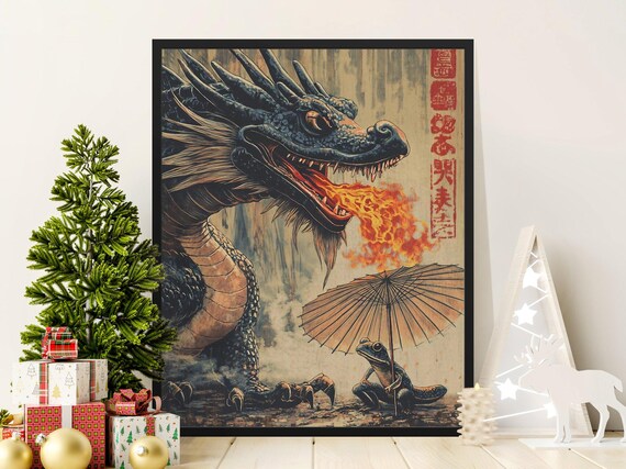 Fire Breathing Dragon Frog Umbrella Fantasy Japanese Woodblock Poster