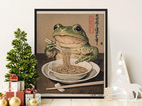 Vintage Japanese Frog Eating Noodles Chopsticks Ukiyo-e Style Art Poster