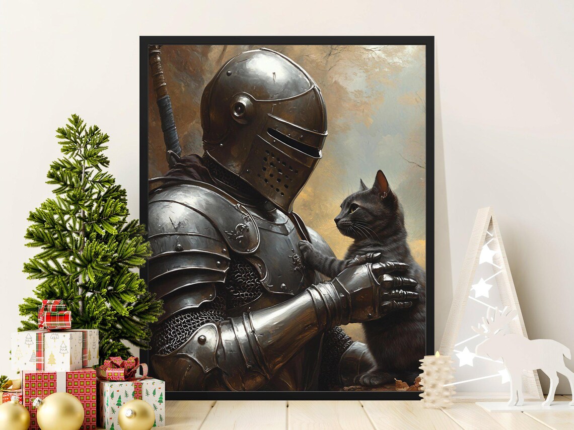 Medieval Knight Holding Black Cat Fantasy Historical Wall Art Poster