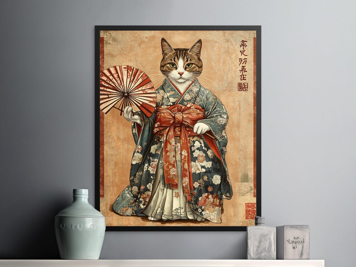 Cat In Kimono Holding Fan Vintage Japanese Portrait Art Poster - Image 2