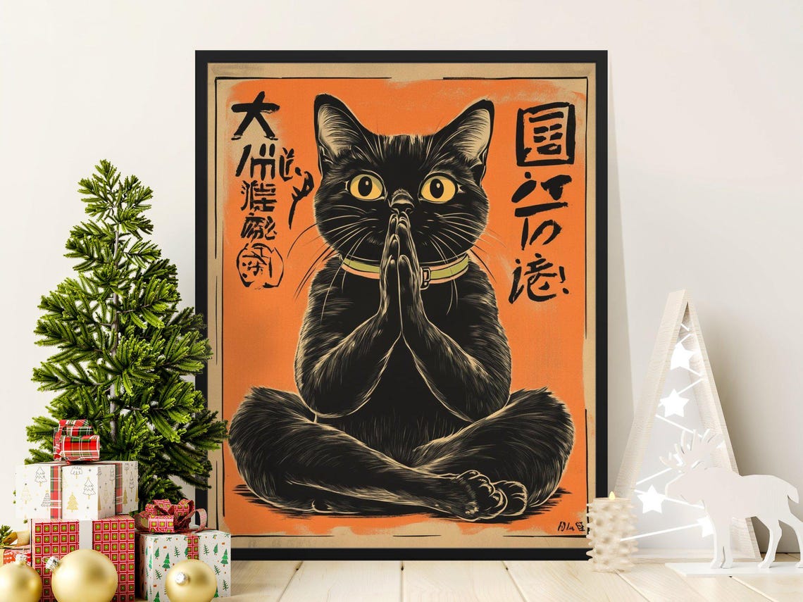 Meditating Black Cat Zen Prayer Pose Japanese Style Funny Cat Poster