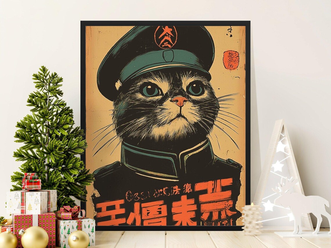Tabby Cat In Military Cap Vintage Propaganda Style Funny Poster