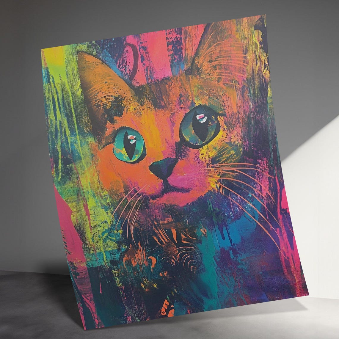 Psychedelic Neon Cat Portrait Vibrant Abstract Graffiti Poster - Image 3