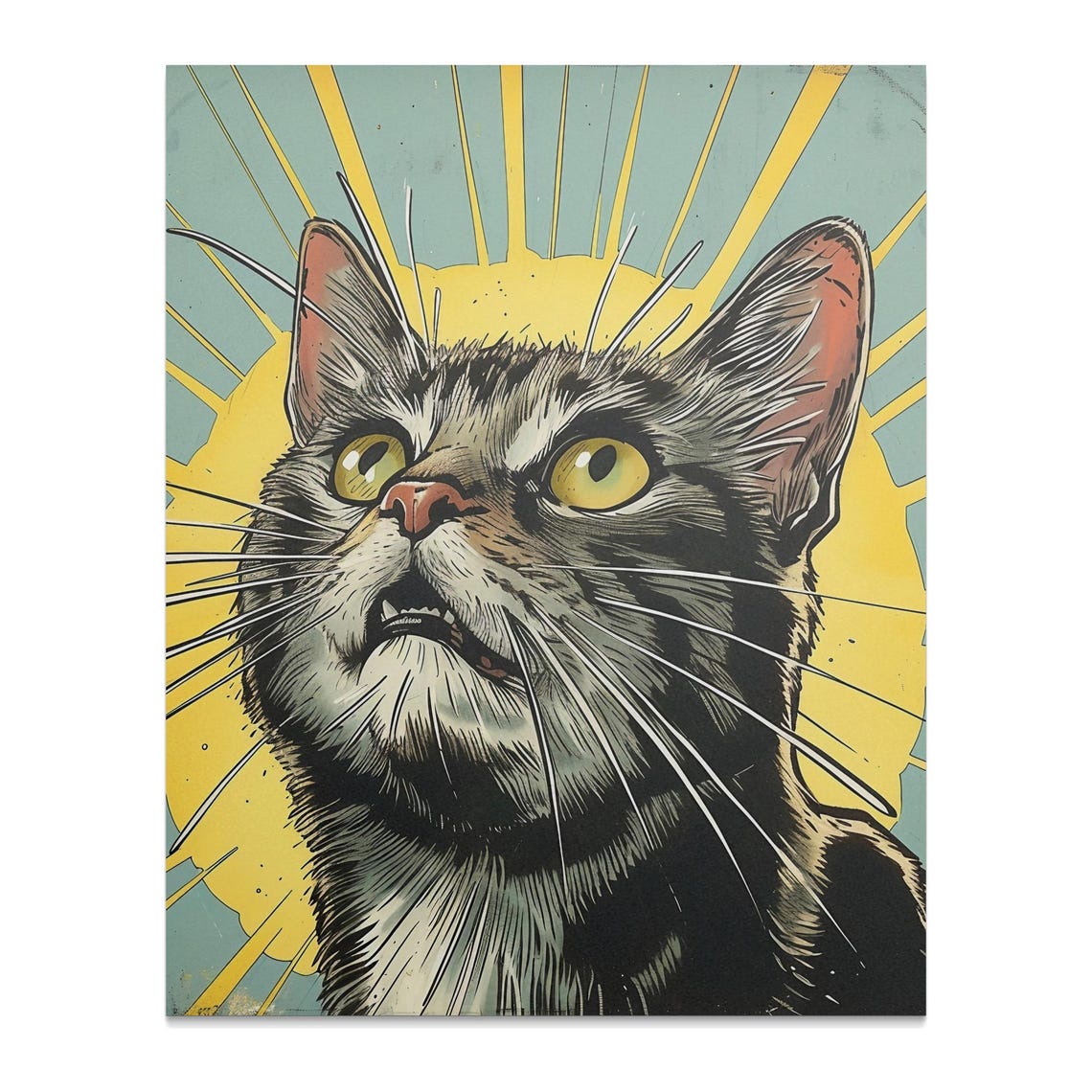 Surprised Tabby Cat Face Yellow Sunburst Pop Art Retro Style Wall Art - Image 2